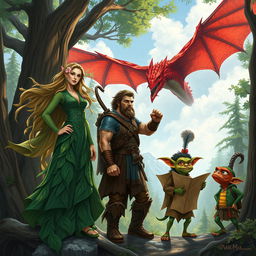 A female druidic elf with flowing green robes and intricate leaf patterns, long flowing hair adorned with flowers, standing confident among ancient trees
