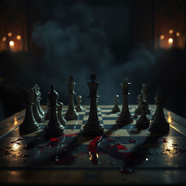 A dramatic chess board set in an atmospheric room, featuring a blood-stained chessboard with pieces in mid-game