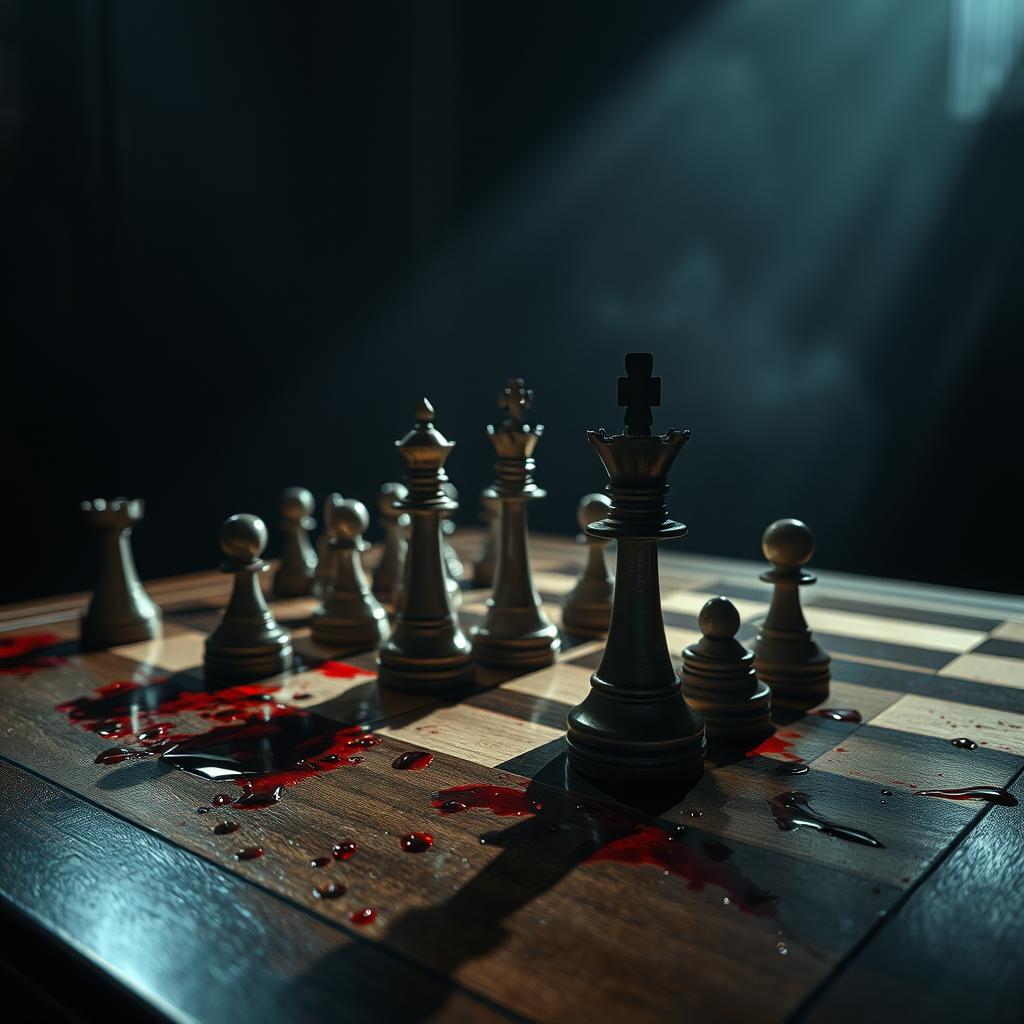 A dramatic chess board set in an atmospheric room, featuring a blood-stained chessboard with pieces in mid-game