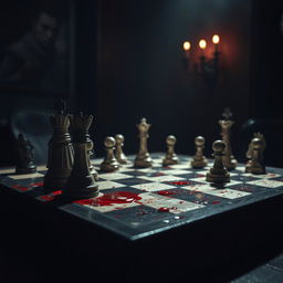 A dramatic chess board set in an atmospheric room, featuring a blood-stained chessboard with pieces in mid-game