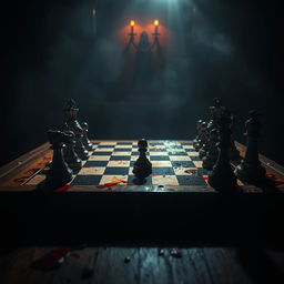 A dramatic chess board set in an atmospheric room, featuring a blood-stained chessboard with pieces in mid-game