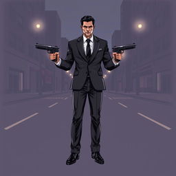 A stylized drawing of a man standing confidently in an empty street, holding two guns in his hands