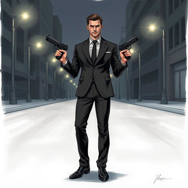 A stylized drawing of a man standing confidently in an empty street, holding two guns in his hands