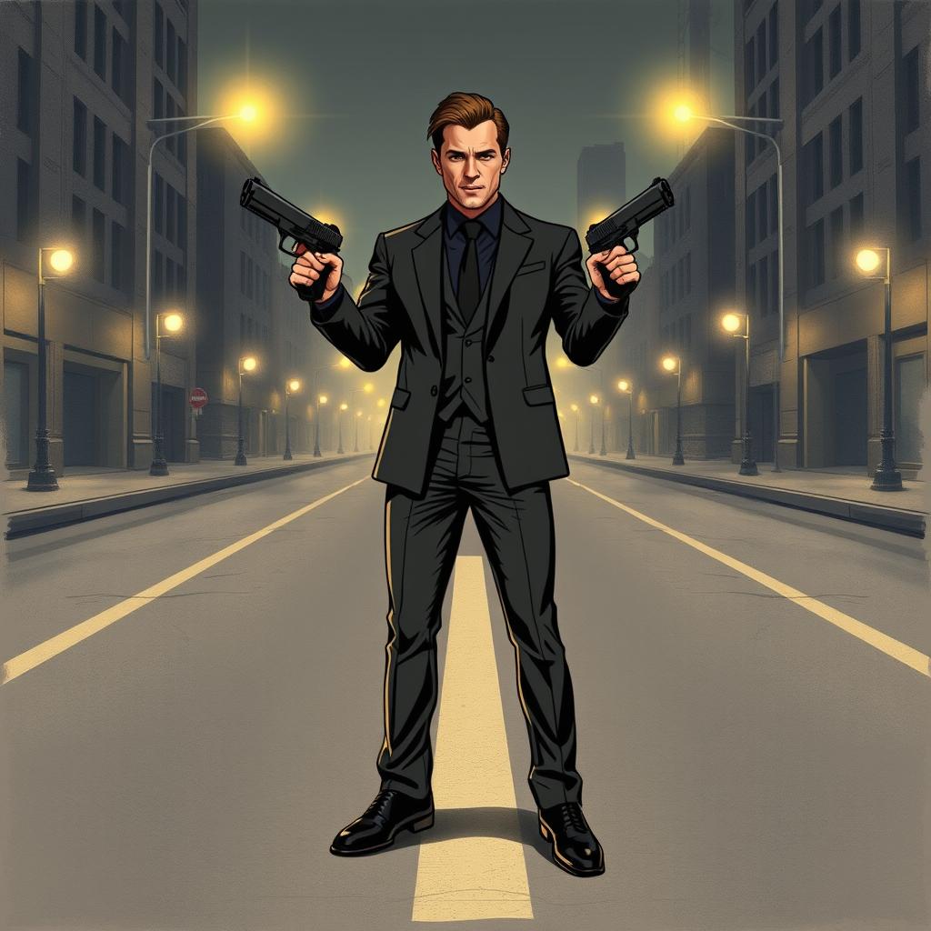 A stylized drawing of a man standing confidently in an empty street, holding two guns in his hands