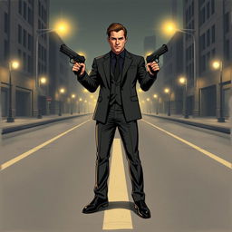 A stylized drawing of a man standing confidently in an empty street, holding two guns in his hands