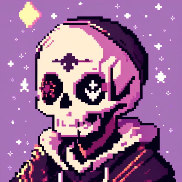 Pixel art profile picture featuring a detailed skull against a dark, starry background.