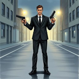 A stylized drawing of a man standing confidently in an empty street, holding two guns in his hands