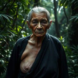 An 80-year-old Thai woman with an intimidating appearance, showcasing large breasts, dressed in an old black robe, standing in a dense jungle with lush green foliage