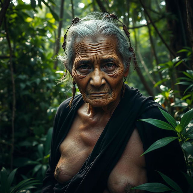 An 80-year-old Thai woman with an intimidating appearance, showcasing large breasts, dressed in an old black robe, standing in a dense jungle with lush green foliage