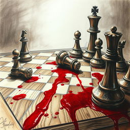 An artistic drawing of a chess board stained with blood, illustrating a dramatic battle atmosphere