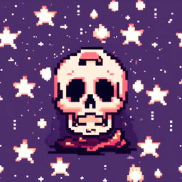 Pixel art profile picture featuring a detailed skull against a dark, starry background.