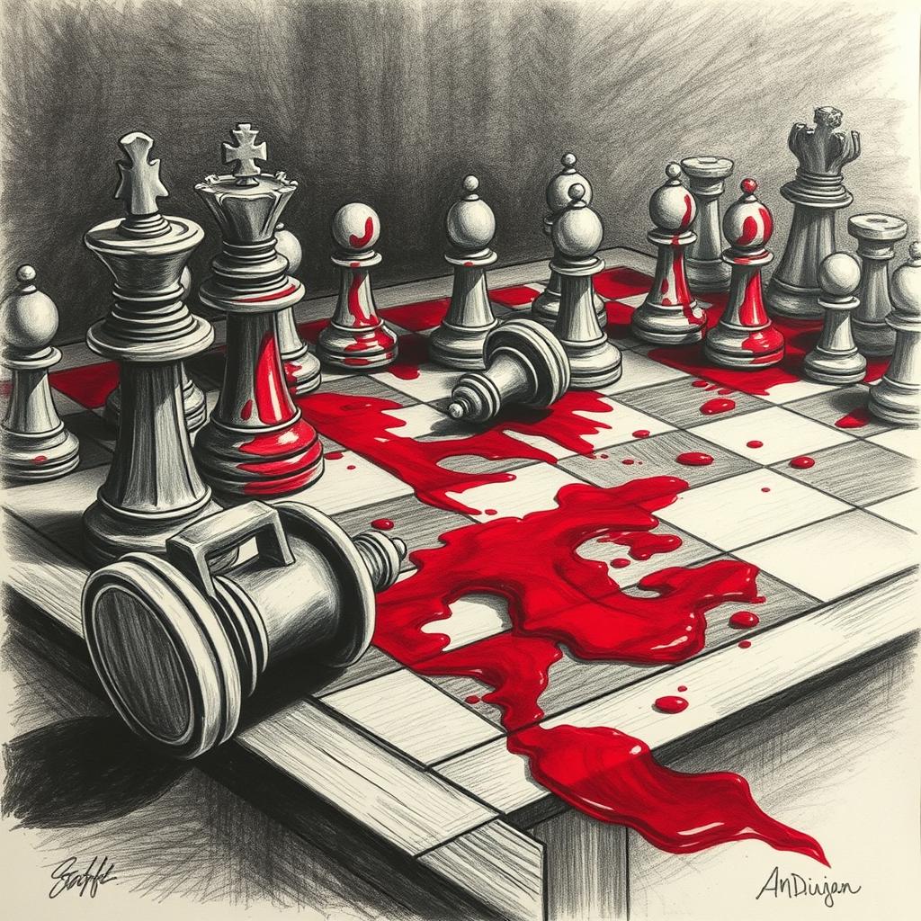 An artistic drawing of a chess board stained with blood, illustrating a dramatic battle atmosphere