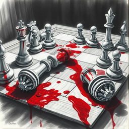 An artistic drawing of a chess board stained with blood, illustrating a dramatic battle atmosphere