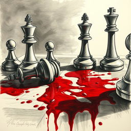 An artistic drawing of a chess board stained with blood, illustrating a dramatic battle atmosphere