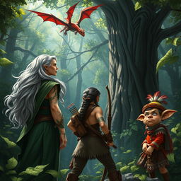 In a dense, enchanted forest, a striking female druidic elf with long flowing silver hair and intricate leaf-pattern tattoos on her arms surveys the surroundings, her green cloak blending beautifully with the foliage