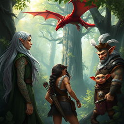 In a dense, enchanted forest, a striking female druidic elf with long flowing silver hair and intricate leaf-pattern tattoos on her arms surveys the surroundings, her green cloak blending beautifully with the foliage