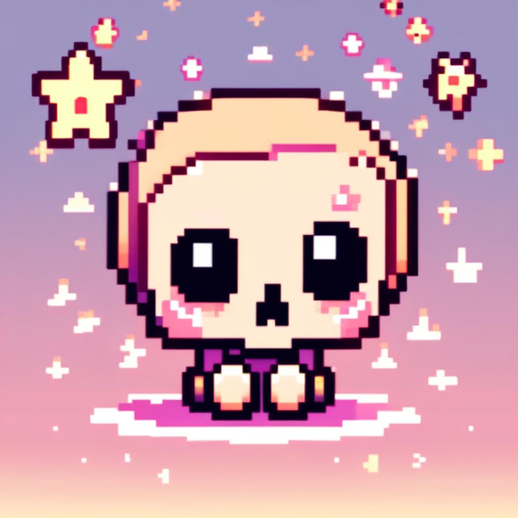 Pixel art profile picture featuring a cute skull with large, twinkling eyes and a gentle smile against a pastel gradient background with tiny pixel stars