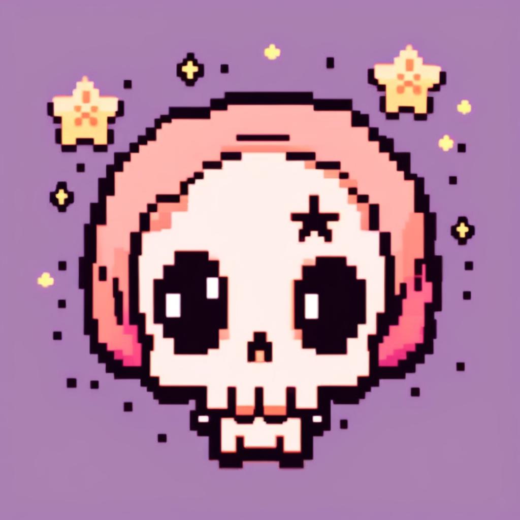 Pixel art profile picture featuring a cute skull with large, twinkling eyes and a gentle smile against a pastel gradient background with tiny pixel stars