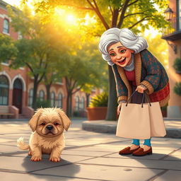 A heartwarming scene depicting a cute, small dog with a fluffy coat, looking sad and abandoned on a city street
