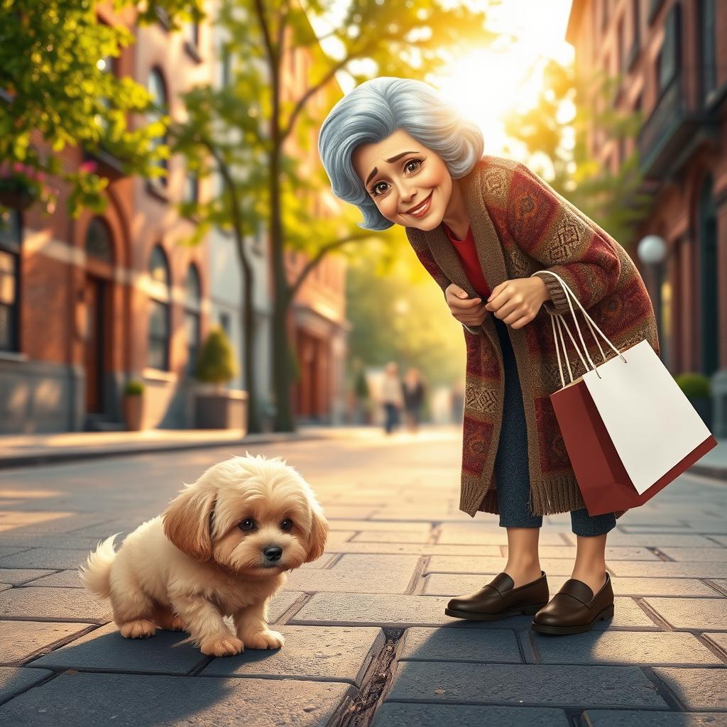 A heartwarming scene depicting a cute, small dog with a fluffy coat, looking sad and abandoned on a city street