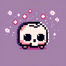 Pixel art profile picture featuring a cute skull with large, twinkling eyes and a gentle smile against a pastel gradient background with tiny pixel stars