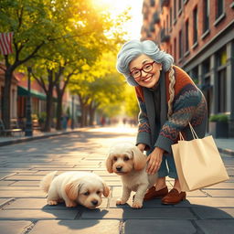 A heartwarming scene depicting a cute, small dog with a fluffy coat, looking sad and abandoned on a city street