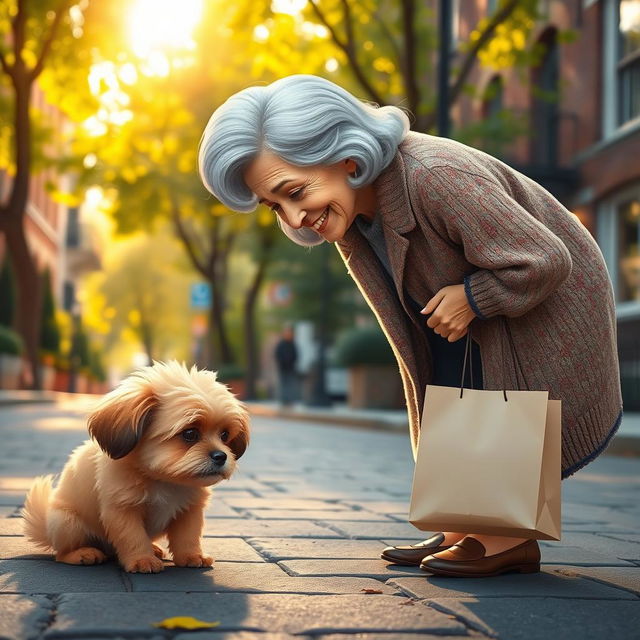 A heartwarming scene depicting a cute, small dog with a fluffy coat, looking sad and abandoned on a city street