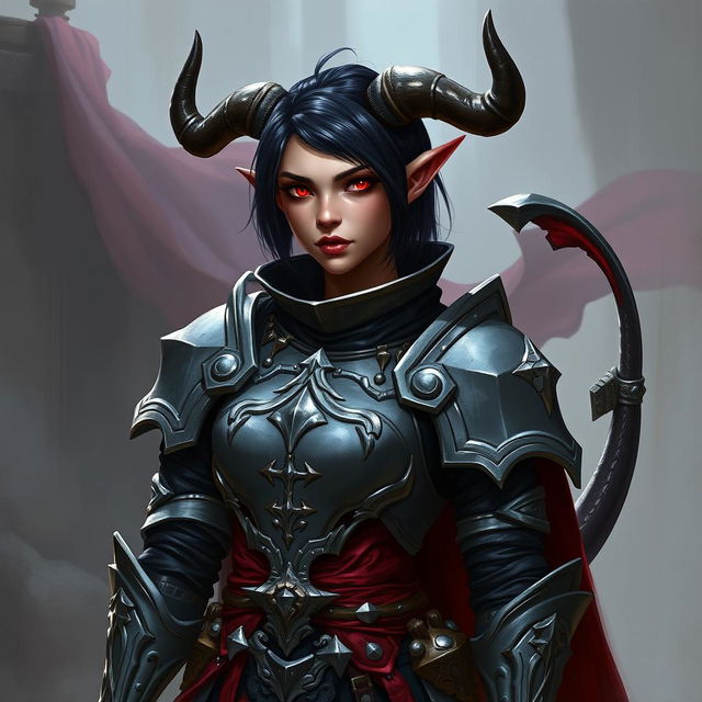 A female tiefling paladin stands confidently, clad in ornate yet practical armor made of gray metal