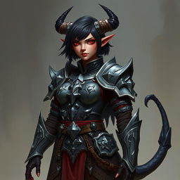 A female tiefling paladin stands confidently, clad in ornate yet practical armor made of gray metal
