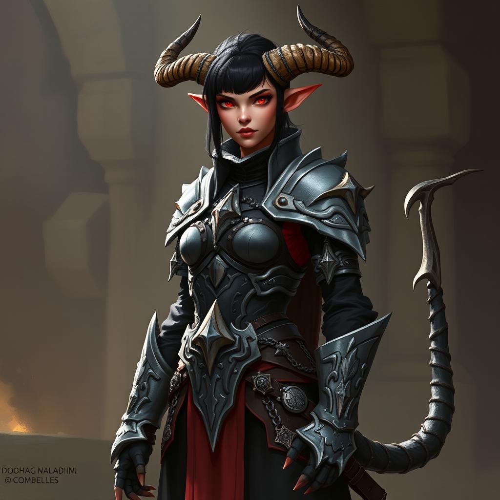 A female tiefling paladin stands confidently, clad in ornate yet practical armor made of gray metal