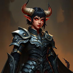 A female tiefling paladin stands confidently, clad in ornate yet practical armor made of gray metal