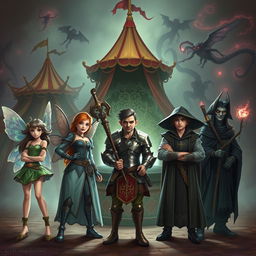 A teenage fairy sorcerer with shimmering wings and a playful expression, a tall warforged ranger with intricate mechanical details, a wise loxodon cleric holding a staff adorned with symbols of peace, a brave male halfling paladin clad in polished armor with a sword at his side, a confident male half-elf sorcerer with flowing hair and an arcane aura, and a mysterious human warlock with dark robes and glowing eyes, all standing resolutely in front of an ominous evil well