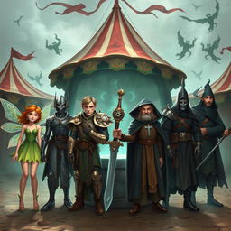 A teenage fairy sorcerer with shimmering wings and a playful expression, a tall warforged ranger with intricate mechanical details, a wise loxodon cleric holding a staff adorned with symbols of peace, a brave male halfling paladin clad in polished armor with a sword at his side, a confident male half-elf sorcerer with flowing hair and an arcane aura, and a mysterious human warlock with dark robes and glowing eyes, all standing resolutely in front of an ominous evil well