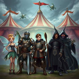 A teenage fairy sorcerer with shimmering wings and a playful expression, a tall warforged ranger with intricate mechanical details, a wise loxodon cleric holding a staff adorned with symbols of peace, a brave male halfling paladin clad in polished armor with a sword at his side, a confident male half-elf sorcerer with flowing hair and an arcane aura, and a mysterious human warlock with dark robes and glowing eyes, all standing resolutely in front of an ominous evil well