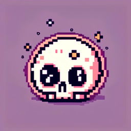 Pixel art profile picture featuring a cute skull with large, twinkling eyes and a gentle smile against a pastel gradient background with tiny pixel stars