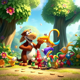 A vibrant and whimsical crossover scene featuring characters from Banjo-Kazooie and Pikmin