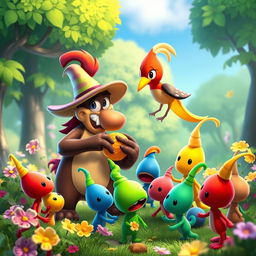 A vibrant and whimsical crossover scene featuring characters from Banjo-Kazooie and Pikmin