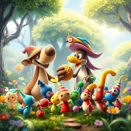 A vibrant and whimsical crossover scene featuring characters from Banjo-Kazooie and Pikmin