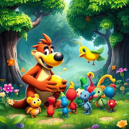 A vibrant and whimsical crossover scene featuring characters from Banjo-Kazooie and Pikmin