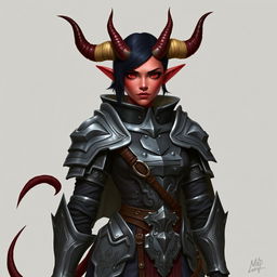 A female tiefling paladin stands confidently, adorned in ornate yet functional gray metal armor that glistens with fine details