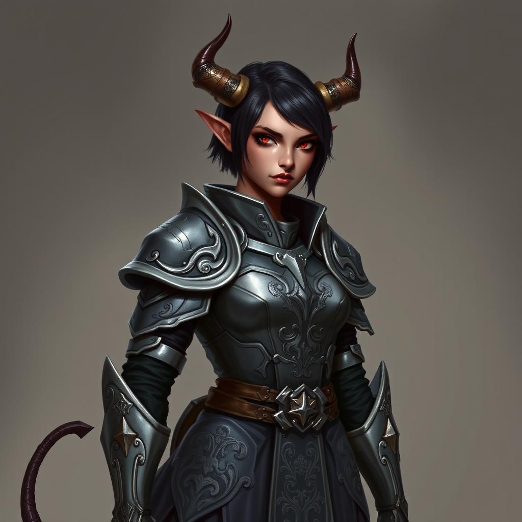 A female tiefling paladin stands confidently, adorned in ornate yet functional gray metal armor that glistens with fine details