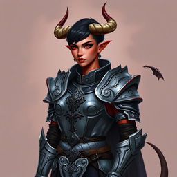 A female tiefling paladin stands confidently, adorned in ornate yet functional gray metal armor that glistens with fine details