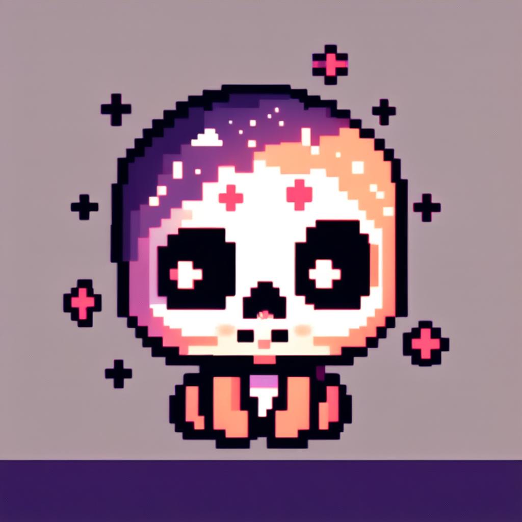 Pixel art profile picture featuring a cute skull with large, twinkling eyes and a gentle smile against a pastel gradient background with tiny pixel stars