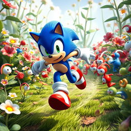A dynamic and exciting crossover scene featuring Sonic the Hedgehog running through a vibrant, lush environment filled with Pikmin
