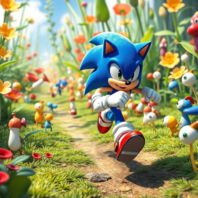 A dynamic and exciting crossover scene featuring Sonic the Hedgehog running through a vibrant, lush environment filled with Pikmin