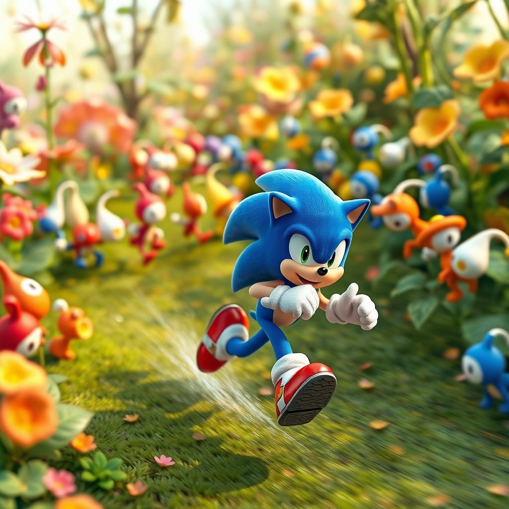 A dynamic and exciting crossover scene featuring Sonic the Hedgehog running through a vibrant, lush environment filled with Pikmin