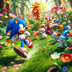 A dynamic and exciting crossover scene featuring Sonic the Hedgehog running through a vibrant, lush environment filled with Pikmin