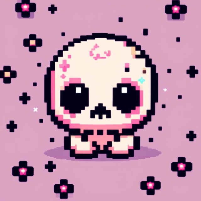 Pixel art profile picture featuring a cute skull with large, twinkling eyes and a gentle smile against a pastel gradient background with tiny pixel stars