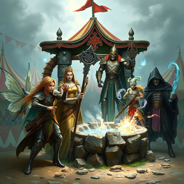 A dynamic scene showcasing a male teenage fairy sorcerer casting spells, next to a warforged ranger equipped with a bow and nature-themed armor, alongside a towering loxodon cleric holding a staff adorned with celestial symbols