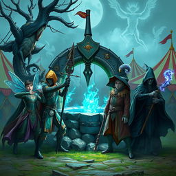 A dynamic scene showcasing a male teenage fairy sorcerer casting spells, next to a warforged ranger equipped with a bow and nature-themed armor, alongside a towering loxodon cleric holding a staff adorned with celestial symbols